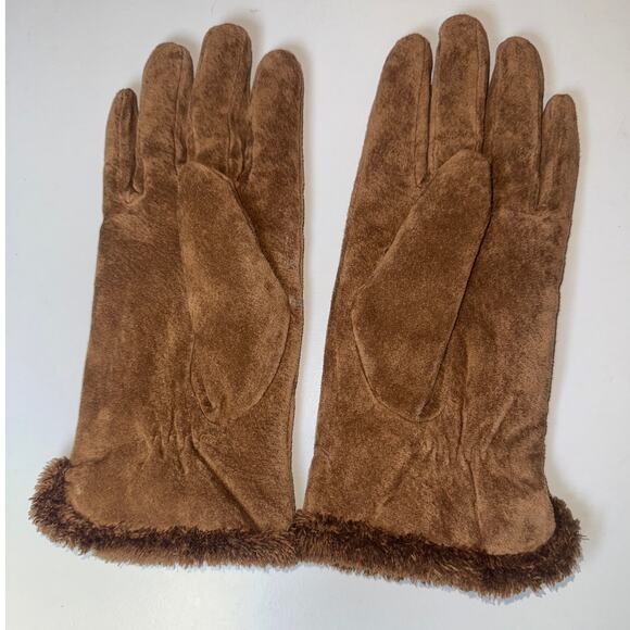 Totes Isotoner Chocolate Brown Leather Gloves Womens XL Faux Fur Sherpa Lined - Picture 3 of 5
